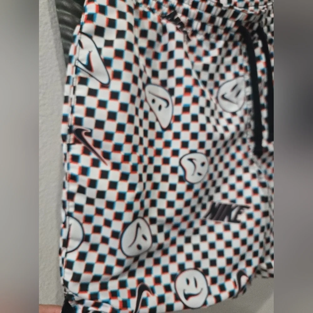 Nike Men's Graphic Checkered Swim Shorts - Black, White, and Blue
